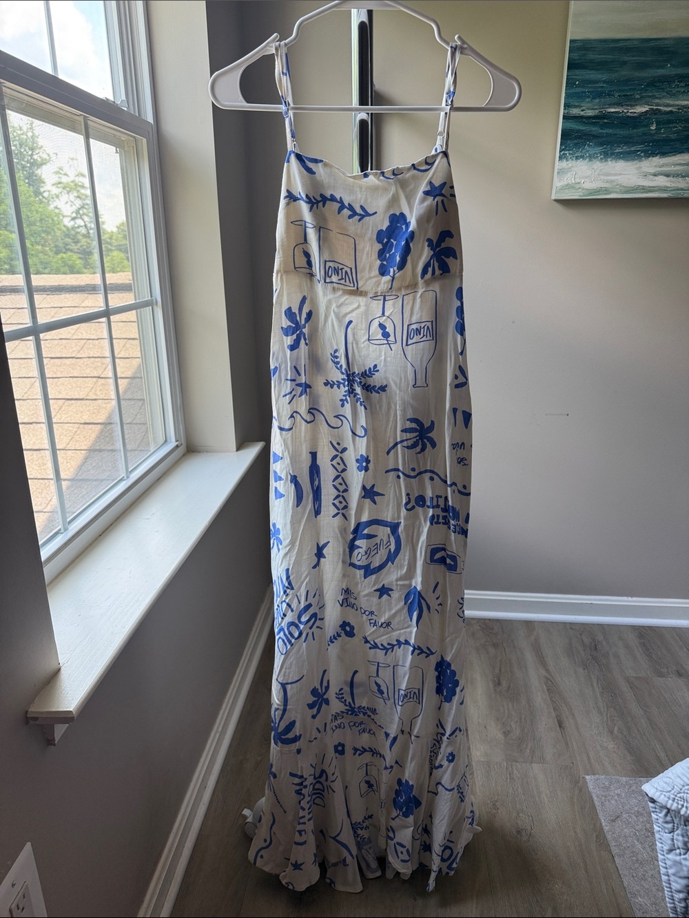 Womens Blue & White Maxi Dress with Spaghetti Straps